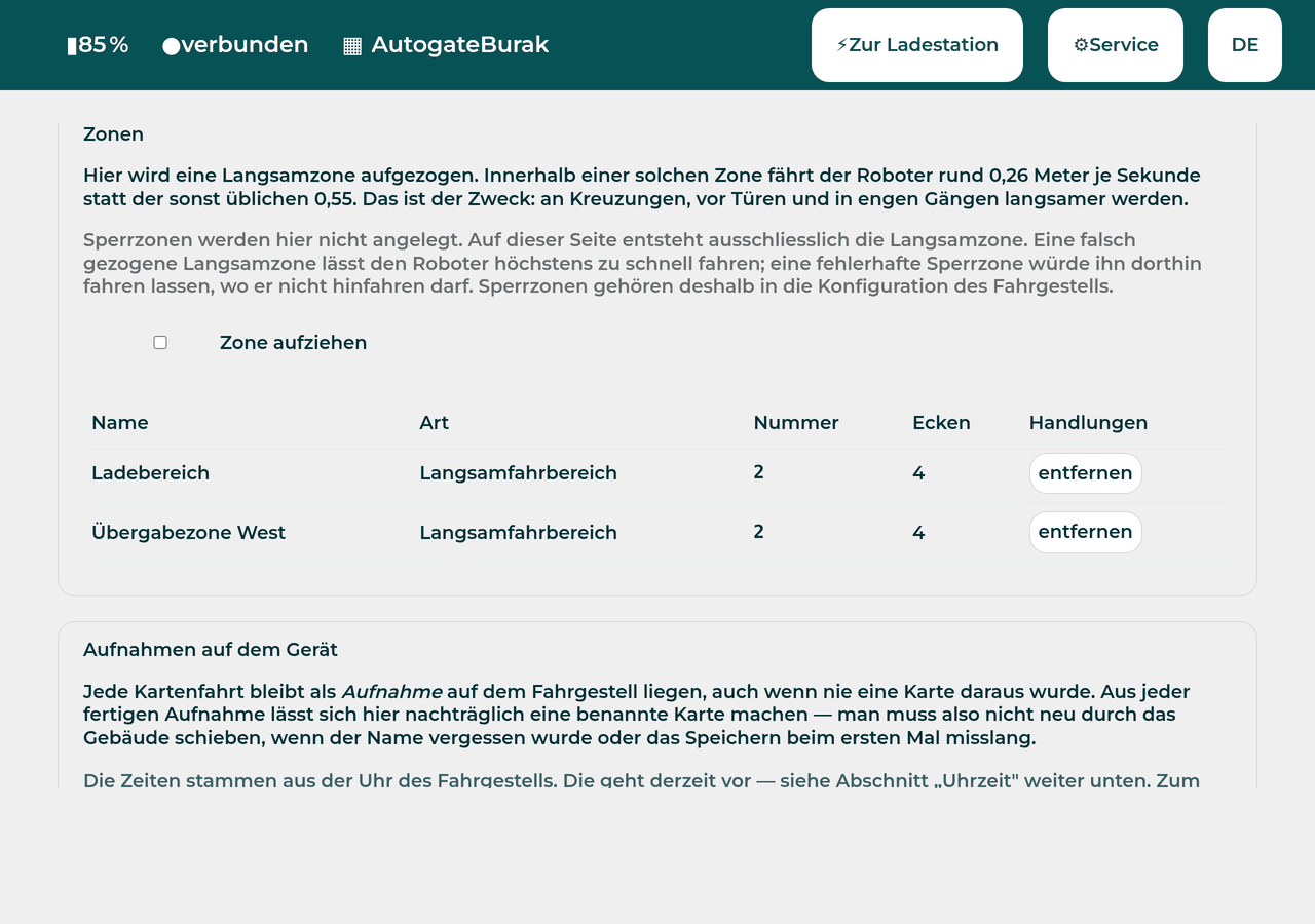 Zones on the technician page